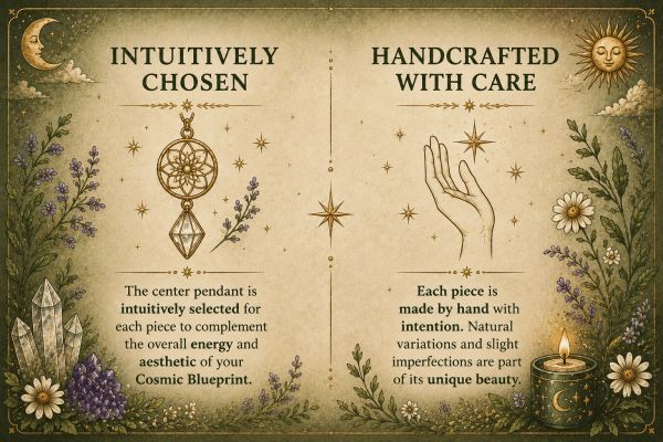 Vintage styled poster about handcrafted cosmic jewelry with flowers and celestial elements.