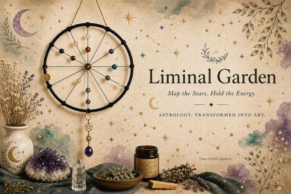 Astrology-themed decorative setup with crystals and dreamcatcher.