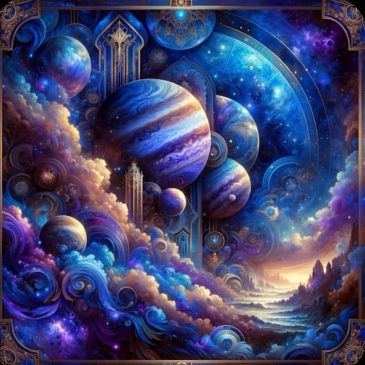 Surreal cosmic scene with planets and swirling clouds.