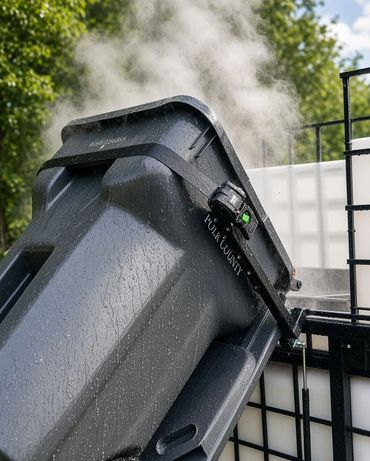 Sanitizing a garbage bin with steam.