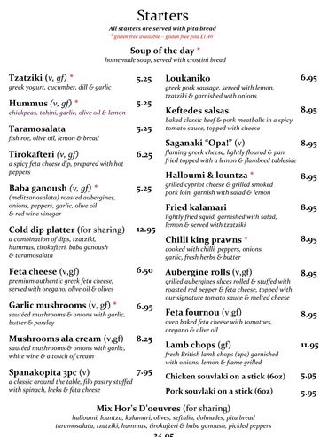 Greek starters menu with dips, cheeses, meats, and seafood served with pita bread.