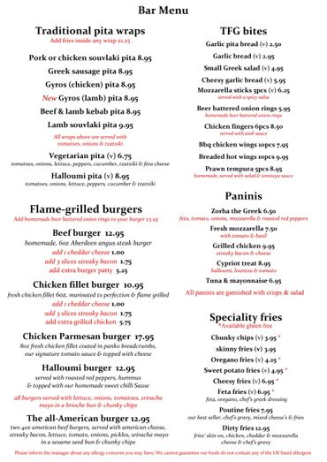 Bar menu featuring traditional pita wraps, flame-grilled burgers, TFG bites, paninis, and specialty fries.