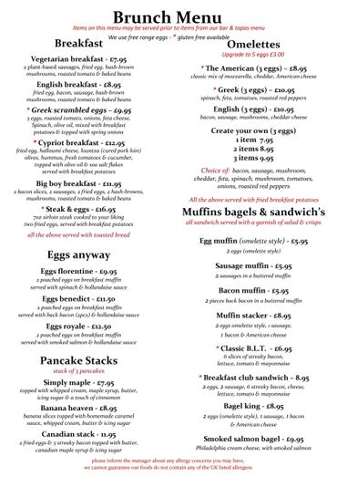 Brunch menu featuring breakfast, omelettes, eggs, pancakes, muffins, bagels, and sandwiches with various options and prices.