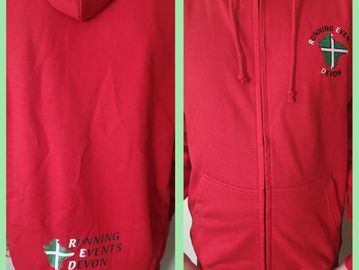 Red Zip up Hoodie with logo on front left and lower back.