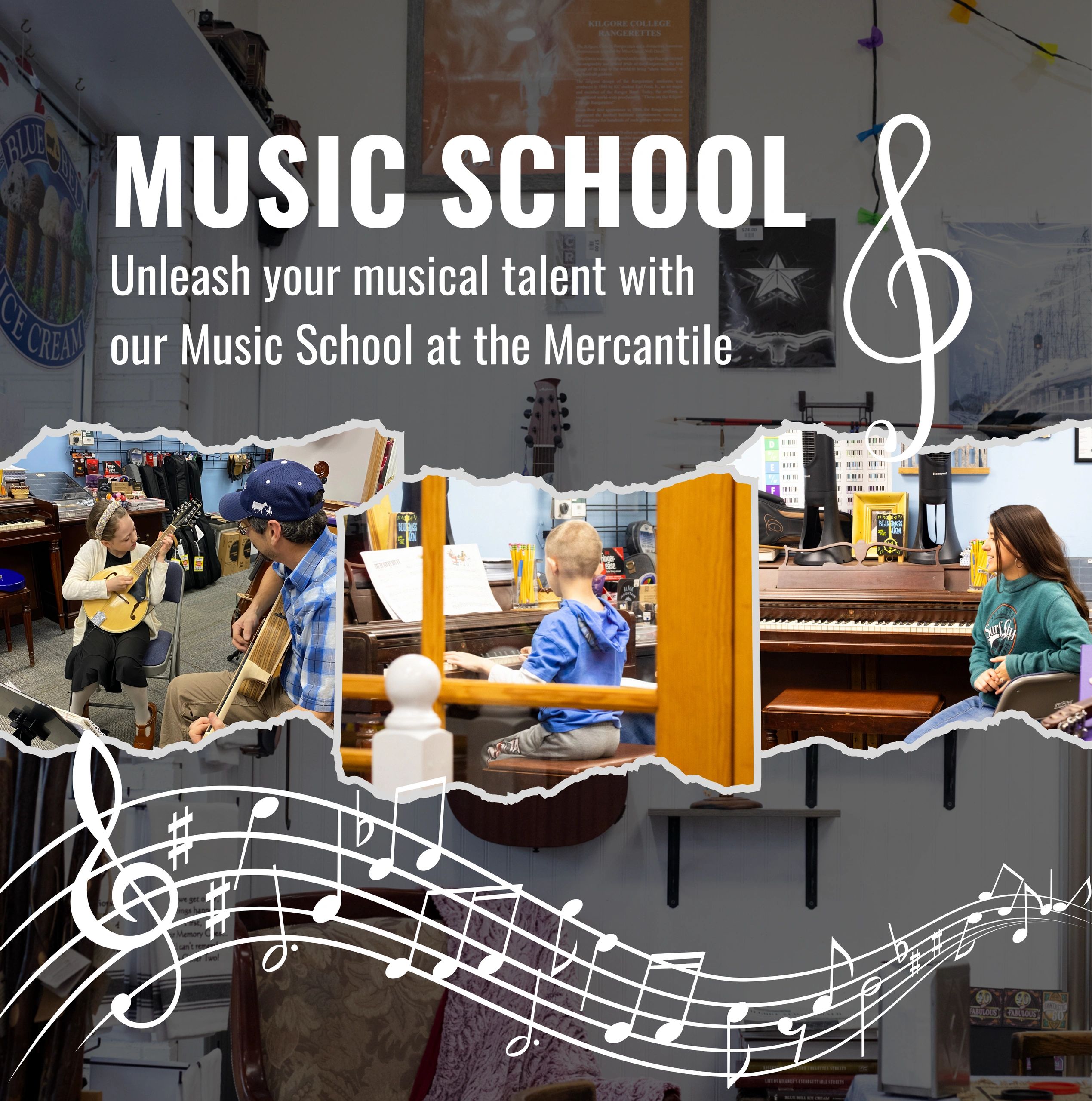 Children learning guitar and piano at a music school inside a music store.