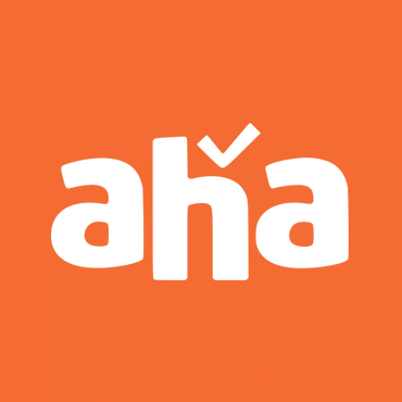 Logo with bold black letters 'aha' on an orange background.