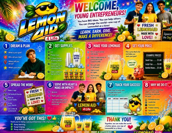 Colorful infographic for Lemon Aid 4 Life showing steps to start a lemonade business.