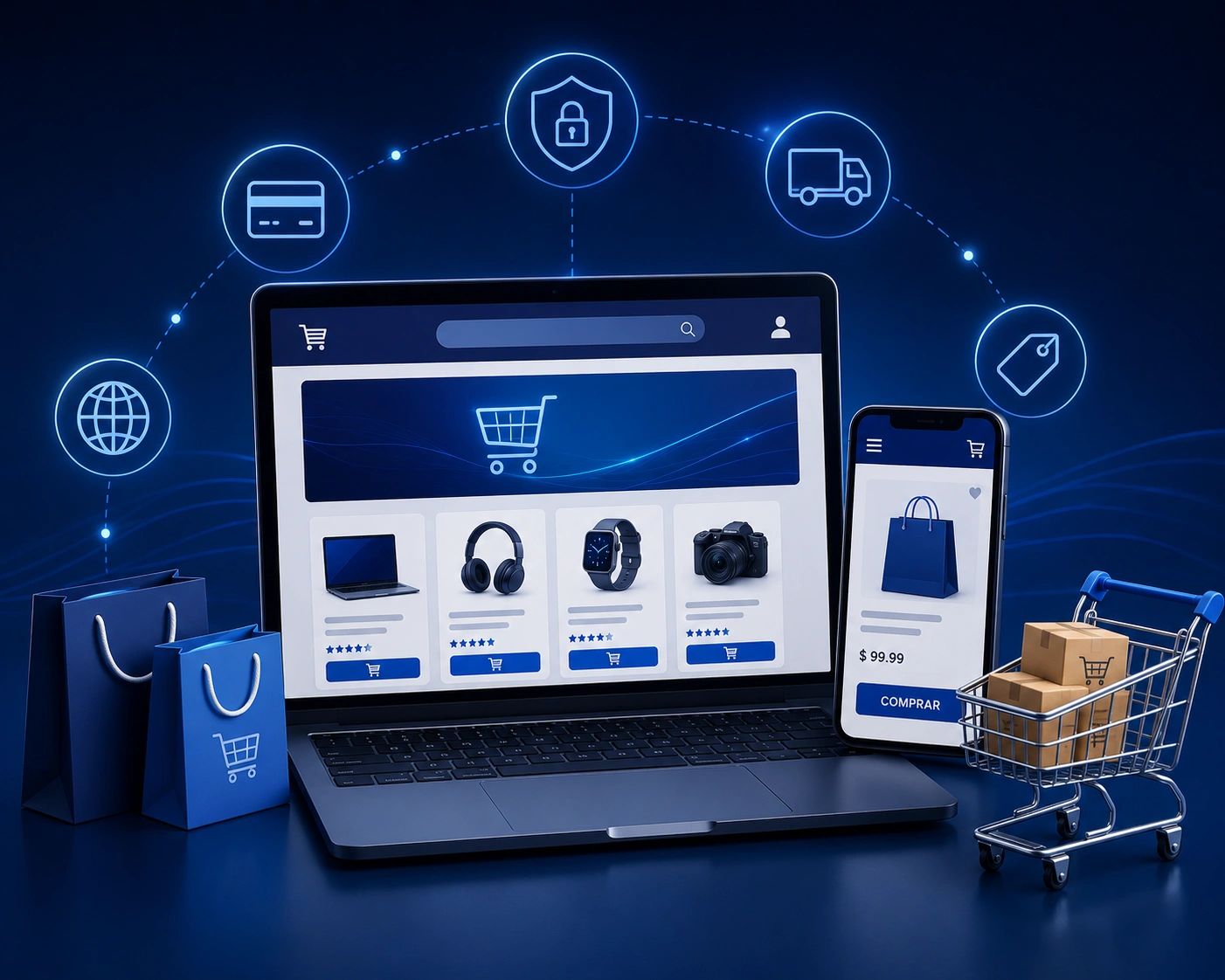 Compras en línea desde laptop y móvil con íconos de seguridad y entrega.