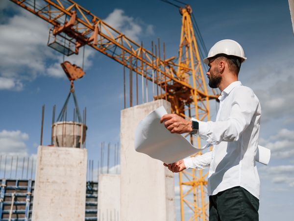 Engineer in a white helmet holding blueprints at a construction site with a yellow crane.