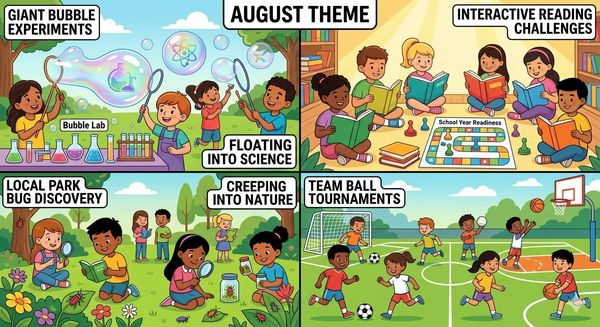 Kids engage in science, reading, nature exploration, and sports activities for August.