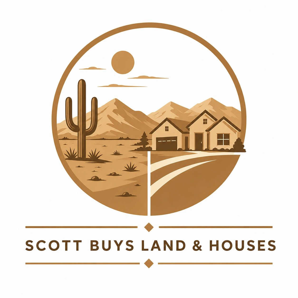Logo with desert and house scene for Scott Buys Land & Houses.