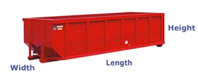 Red dumpster with labeled dimensions for width, length, and height.