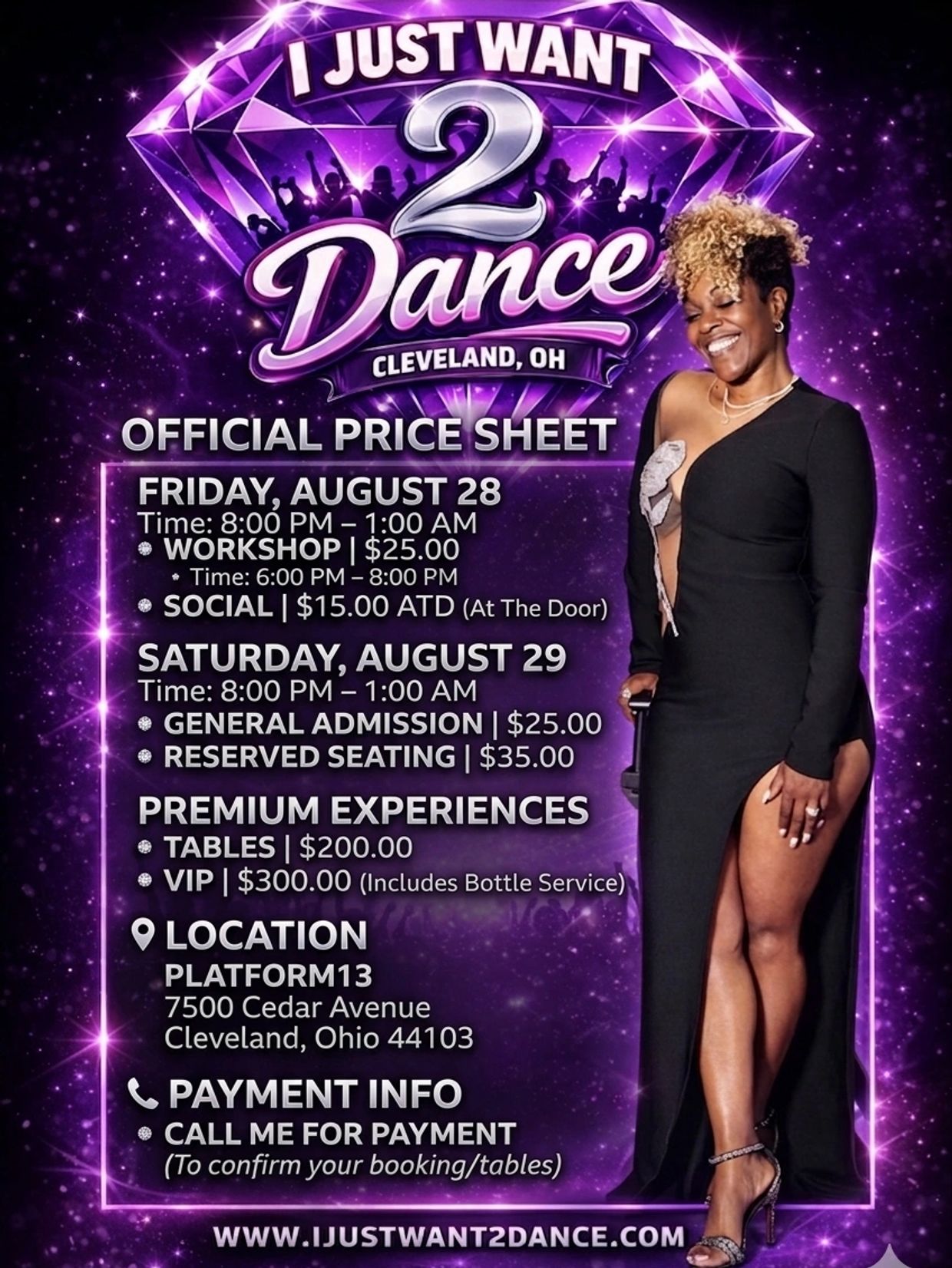 I Just Want 2 Dance event price sheet and details.