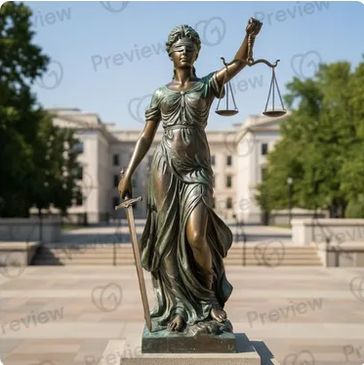 Statue of Lady Justice holding scales and sword outdoors.
