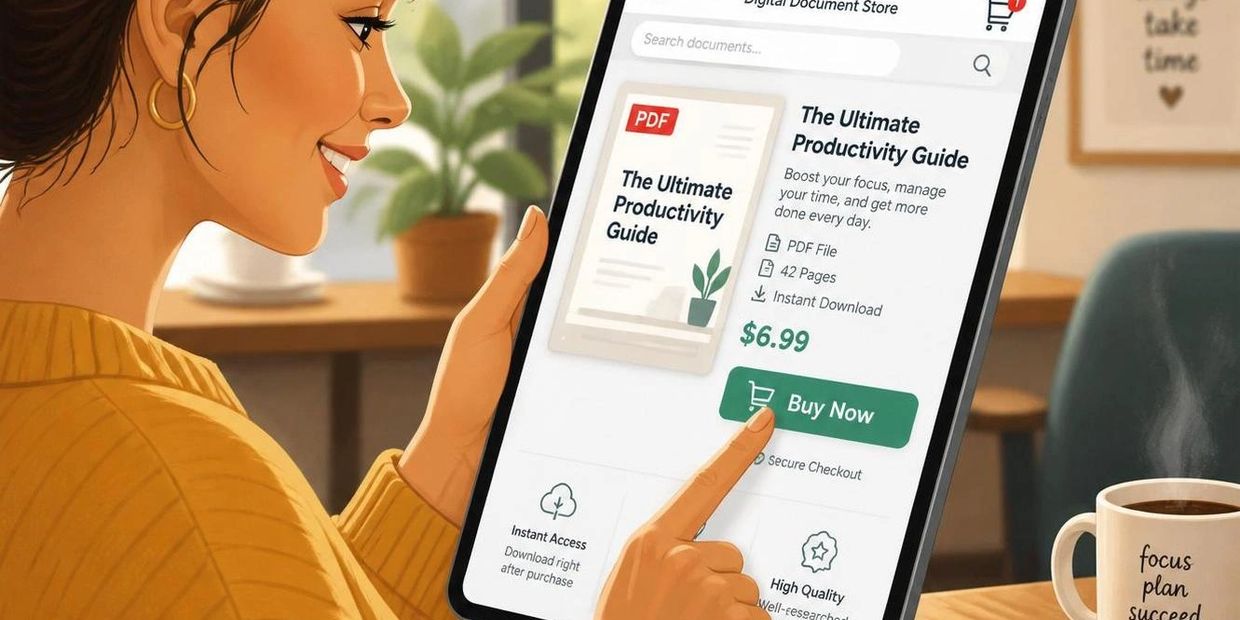 Woman buying a productivity guide on a tablet while enjoying coffee.