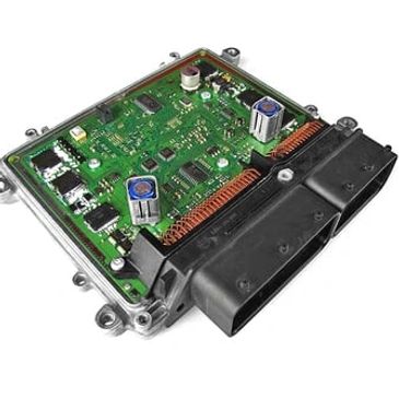 Close-up of an electronic control unit with circuit board and connectors.