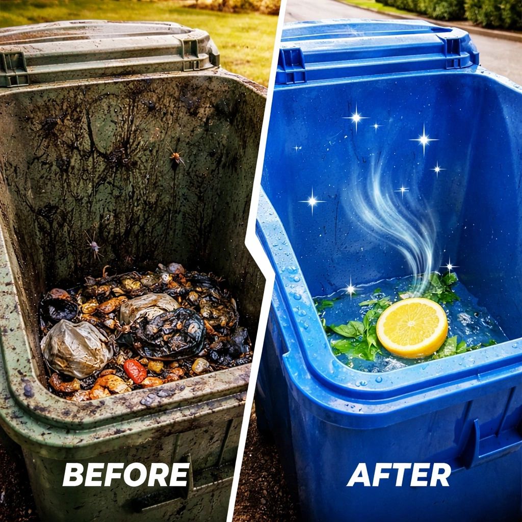 Comparison of dirty and clean trash bins with "Before" and "After" labels.