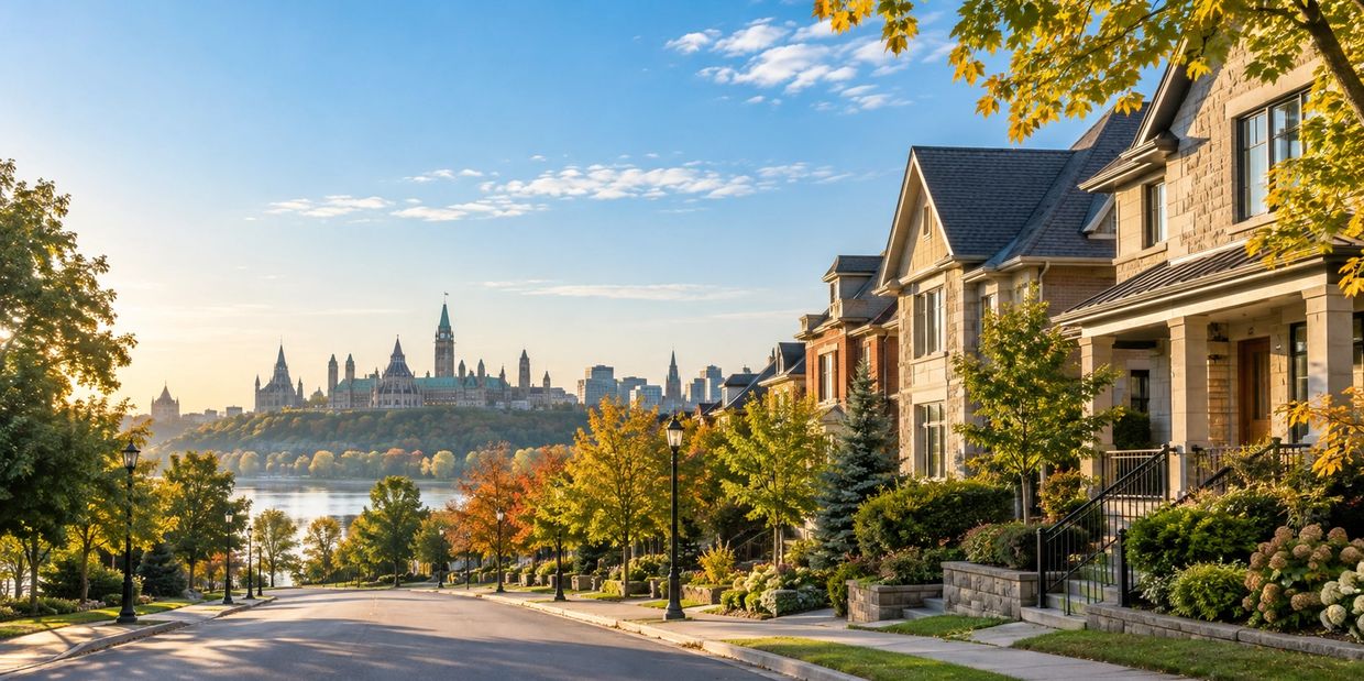 Ottawa residential neighbourhood in autumn with Parliament Hill in the distance
