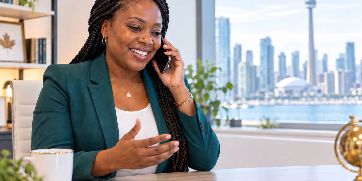 Immigration consultant speaking by phone during an Express Entry consultation.