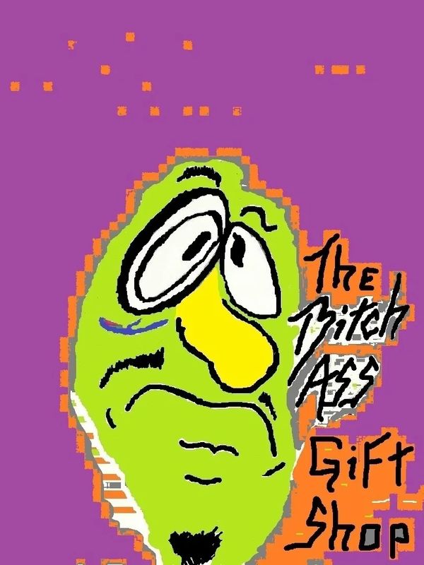 A quirky green face with exaggerated features on a purple background.