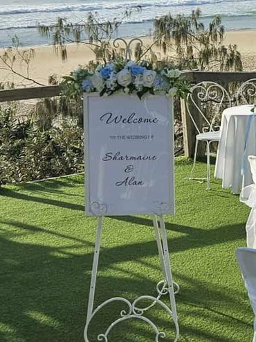 Beach Luxe Wedding Ceremony Welcome Sign Sunshine Beach Surf Lifesaving Club Sunshine Coast