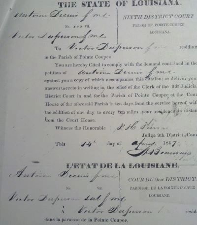 Summons in a case filed by Antoine Decuir II against Victor Superneuf in April 1847, showing fmc des