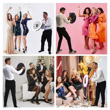 Photographer capturing joyful moments of friends celebrating and posing at parties.