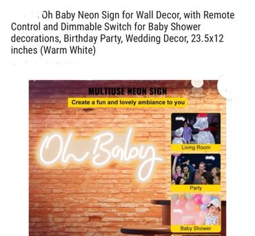 Oh Baby neon sign in warm white for versatile party and home decor.