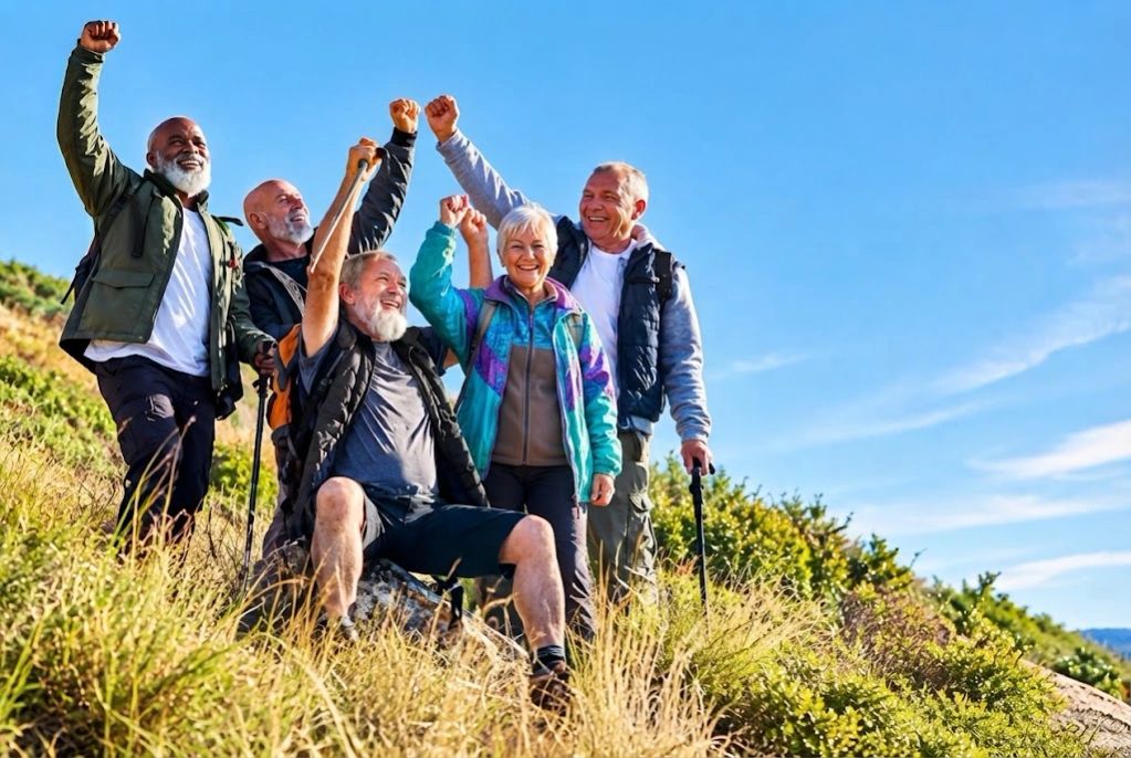 Happy senior hikers celebrating on a hilltop with raised fists.