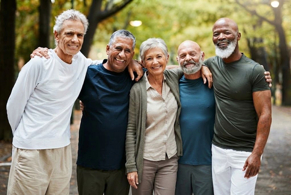 Group of happy older adults standing close together outdoors.