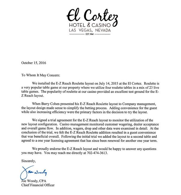Letter of Endorsement for E-Z Reach Roulette from the El Cortez