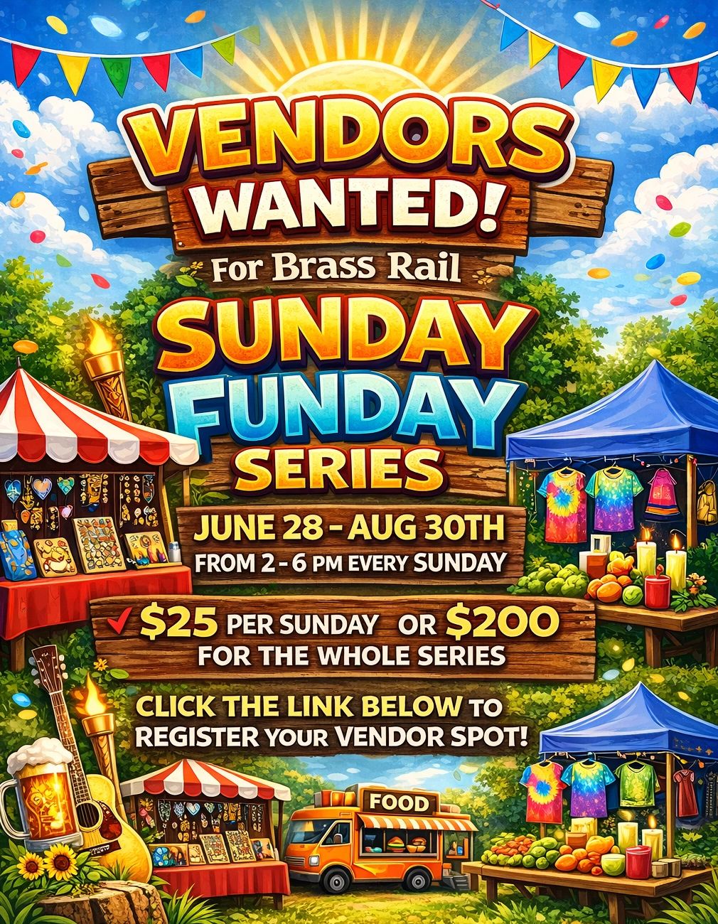 Colorful vendor fair poster for Sunday Funday series, June 28 to August 30.