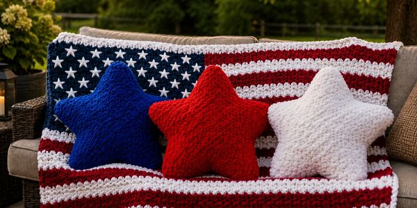 Crocheted American flag blanket with star-shaped pillows in red, white, and blue.