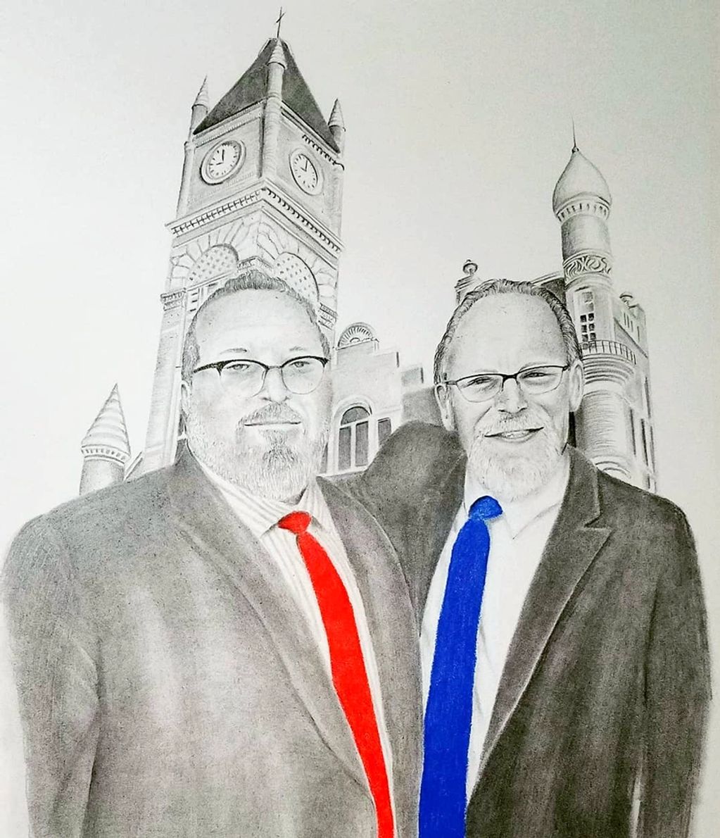 pencil drawing of two lawyers standing together in front of courthouse