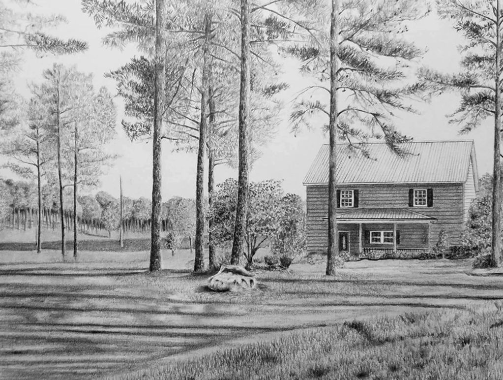 pencil landscape drawing of cabin in the woods