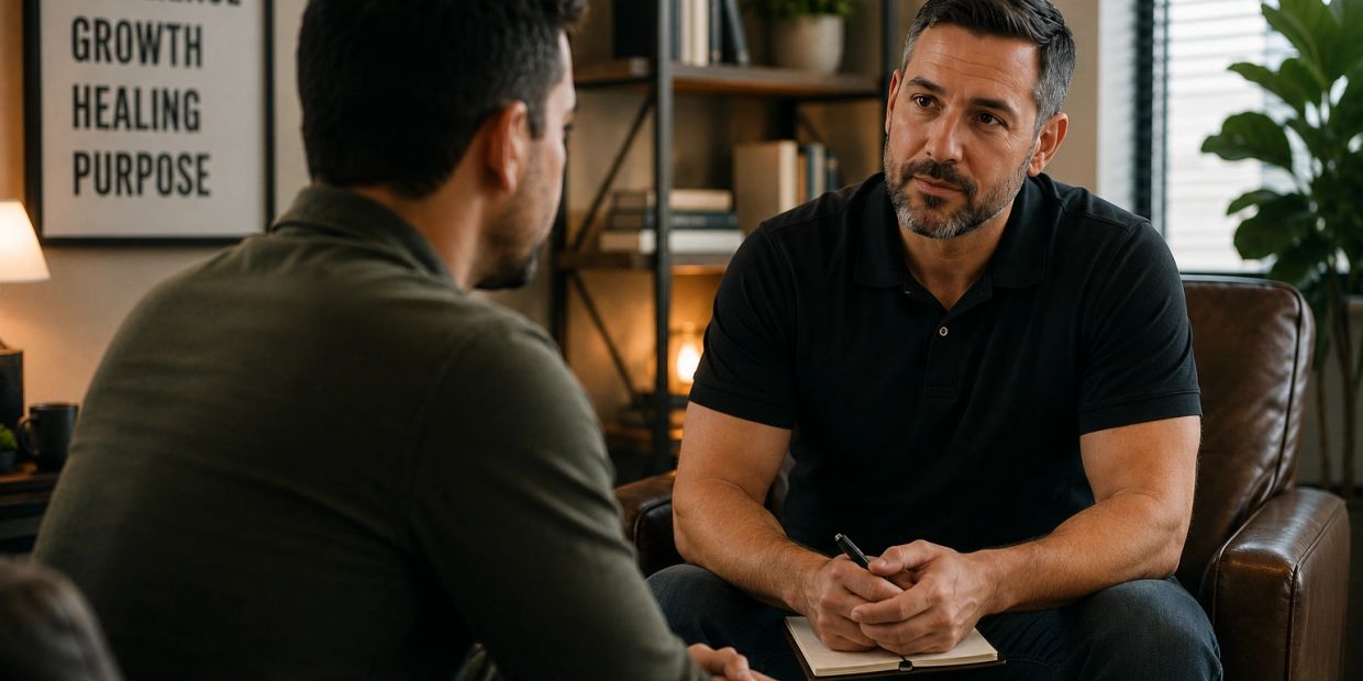 A therapist attentively listens to a patient during a counseling session.