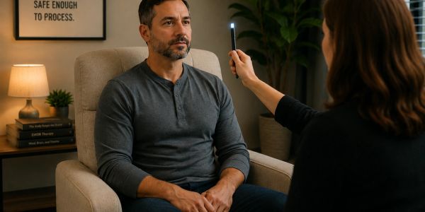 Therapist using light therapy during a session with a male patient.