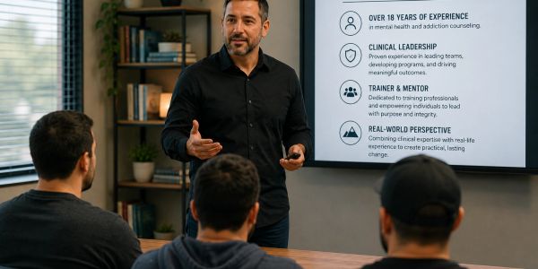 A man presenting mental health and leadership expertise to an audience.