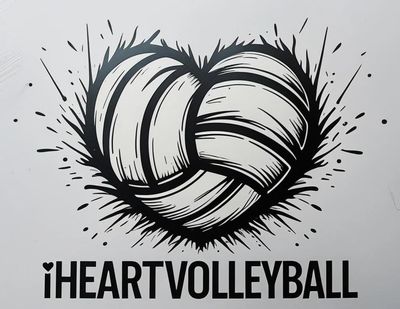 Black and white volleyball heart graphic with 'iHEARTVOLLEYBALL' text.