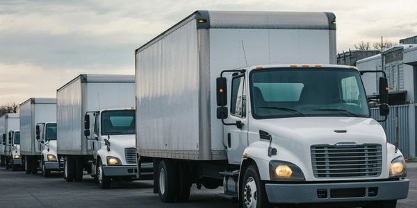 A line of white delivery trucks parked on an industrial street under a cloudy sky.