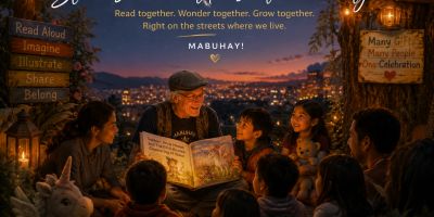 An elderly man reads a story to children at sunset, fostering community and imagination.