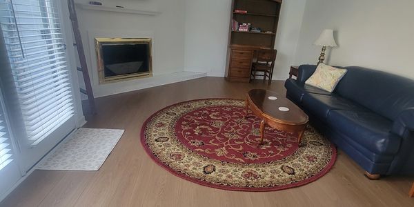 Cozy living room with fireplace and elegant rug.