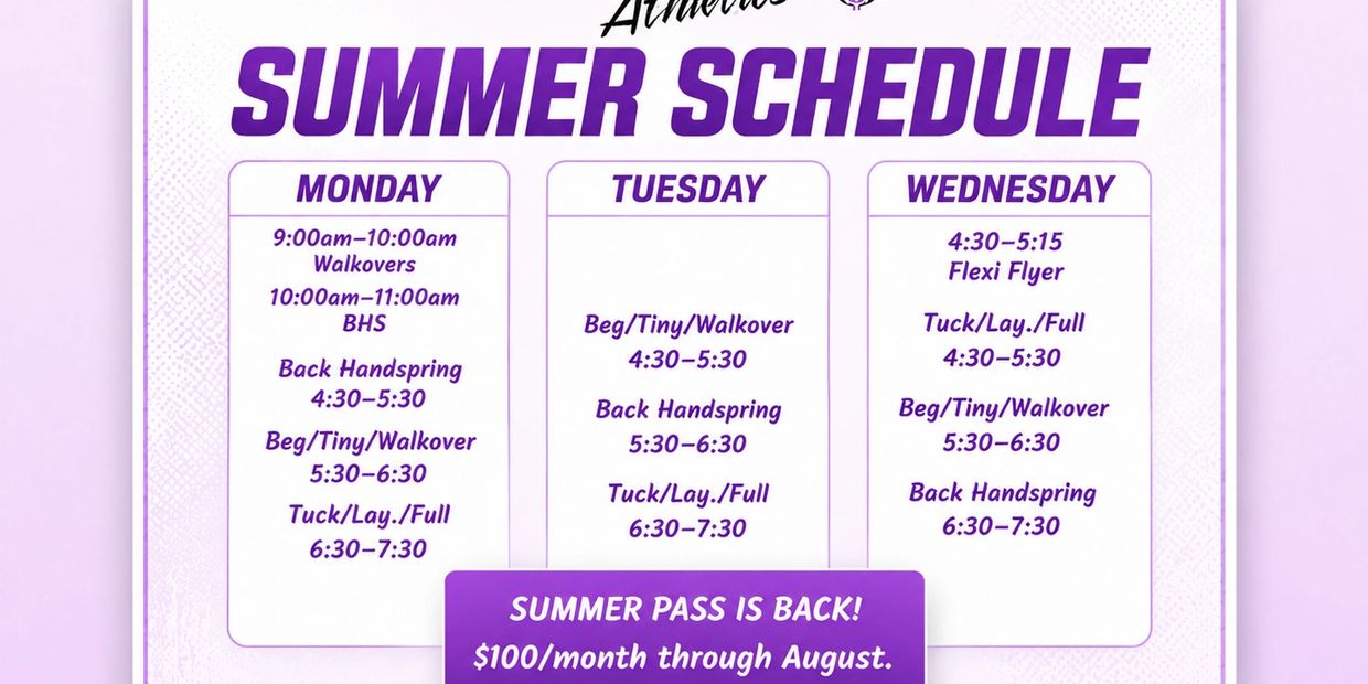 Athletics summer schedule with classes Monday to Wednesday and $100/month summer pass.