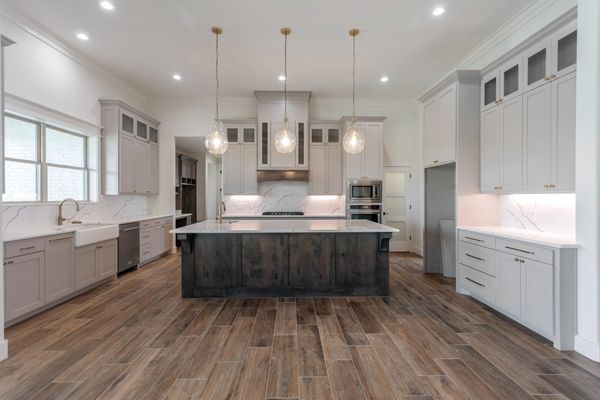 Kitchen with island and pendant lights