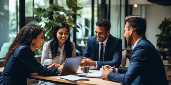 Four professionals smiling and discussing work around a laptop in a modern office.