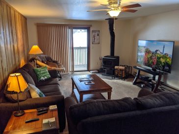 Cozy living room with wood stove and TV.