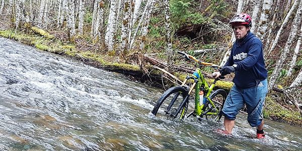 river, mountain bike, biker, trees, trail, river, moss, Vancouver Island