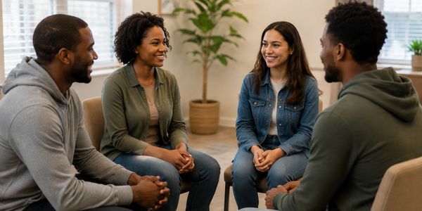Group of four people talking and smiling indoors.