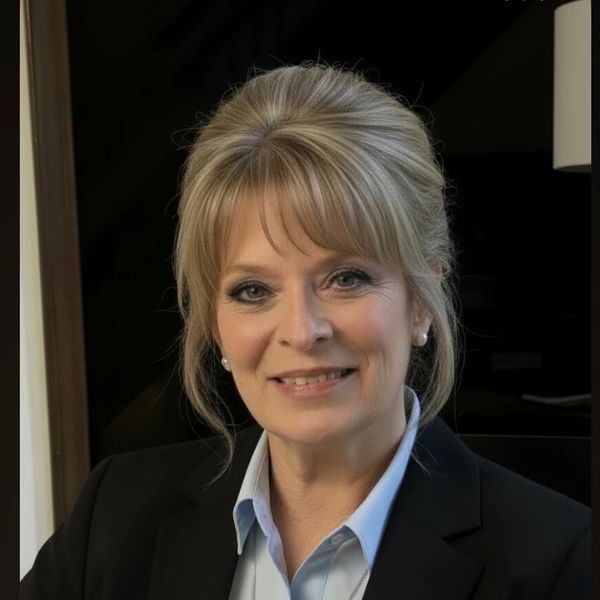 Smiling professional woman with blonde hair in formal attire.