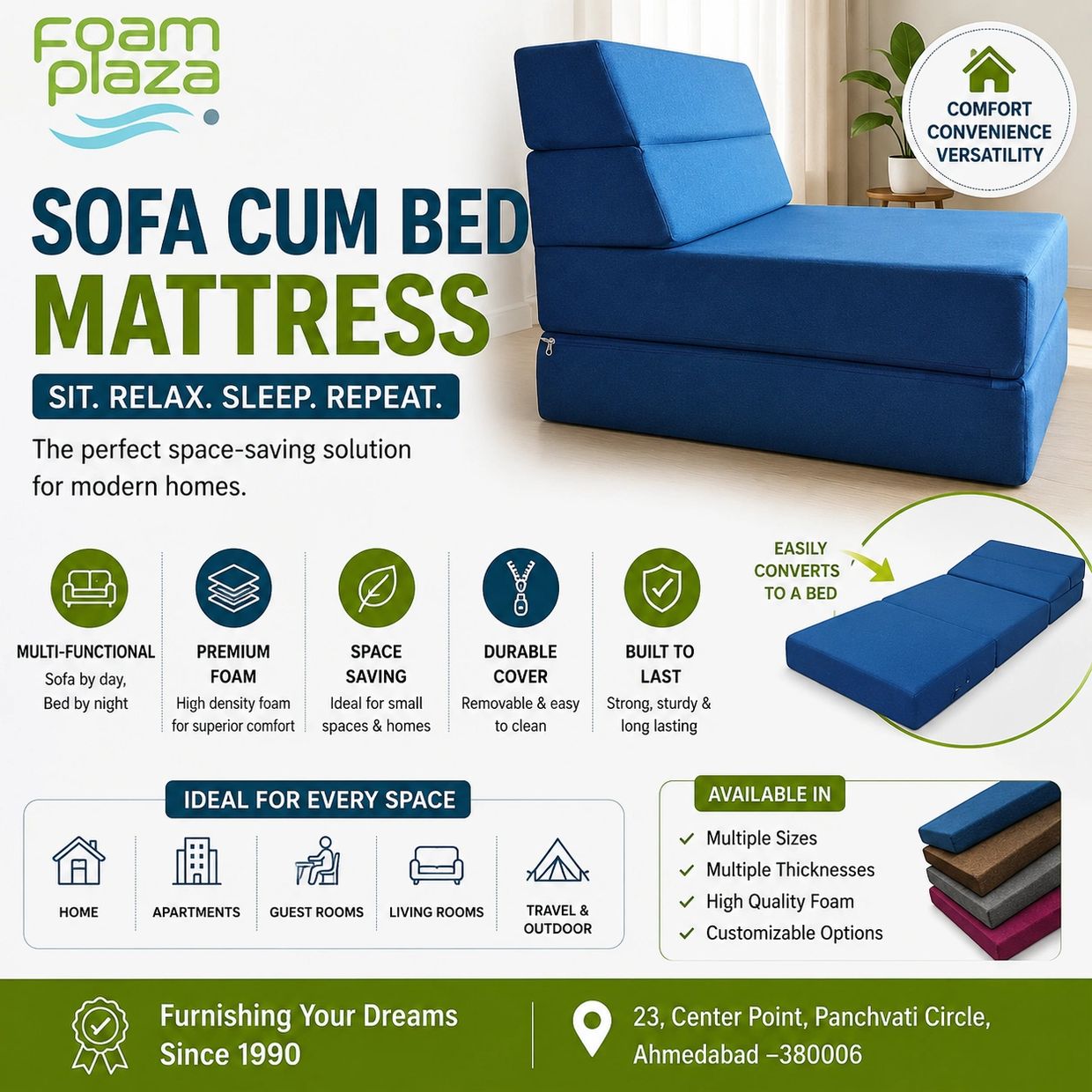 Blue sofa cum bed mattress, space-saving and versatile for modern homes.